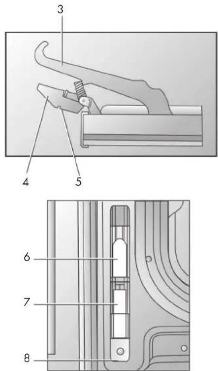 Technical diagram of a mechanical device with numbered parts, showing internal components and exploded view