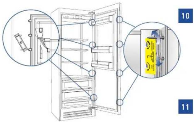 Technical diagram of a refrigerator with labeled parts and close-ups showing internal components and assembly details