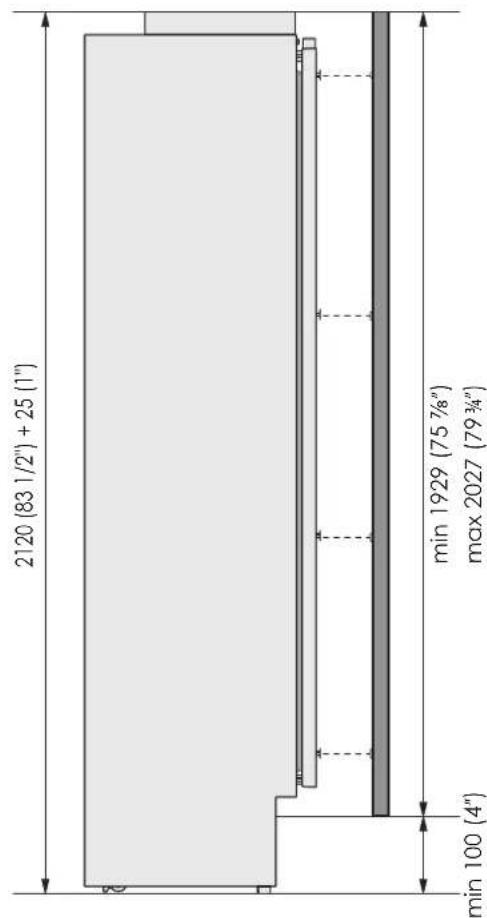 2120 (83 1/2") + 25 (1") min 1929 (75 7/8") max 2027 (79 3/4") min 100 (4)