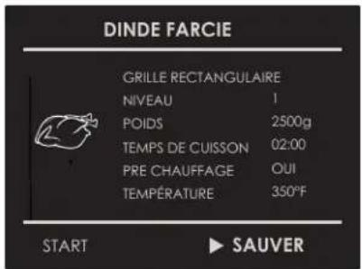 DINDE FARCIE GRILLE RECTANGULAIRE NIVEAU 1 POIDS 2500g TEMPS DE CUISSON 02:00 PRE CHAUFFAGE OUI TEMPÉRATURE 350°F START ▶ SAUVER
