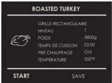 ROASTED TURKEY GRILLE RECTANGULAIRE NIVEAU 1 POIDS 3800g TEMPS DE CUISSON 03:00 PRE CHAUFFAGE OUI TEMPÉRATURE 350°F START SAVE