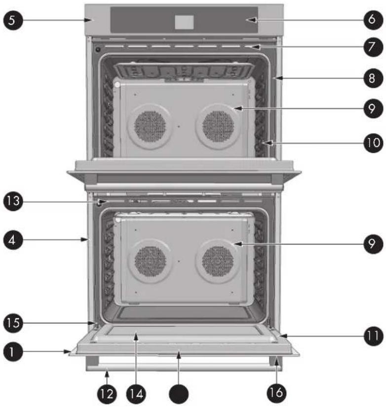 Labeled diagram of an oven with numbered parts for identification