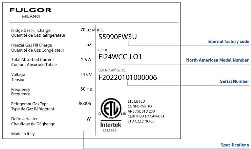 Fulgor Milano F7SWC24S1-R - Model / serial identification - 3