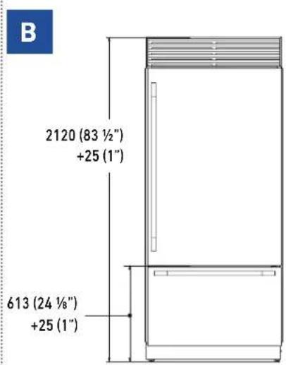 B 2120 (83 ½") +25 (1") 613 (24 ½") +25 (1")