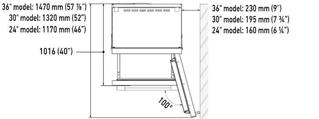 36" model: 1470 mm (57 ⅓") 30" model: 1320 mm (52") 24" model: 1170 mm (46") 1016 (40") 36" model: 230 mm (9") 30" model: 195 mm (7 ⅓") 24" model: 160 mm (6 ⅓) 100°