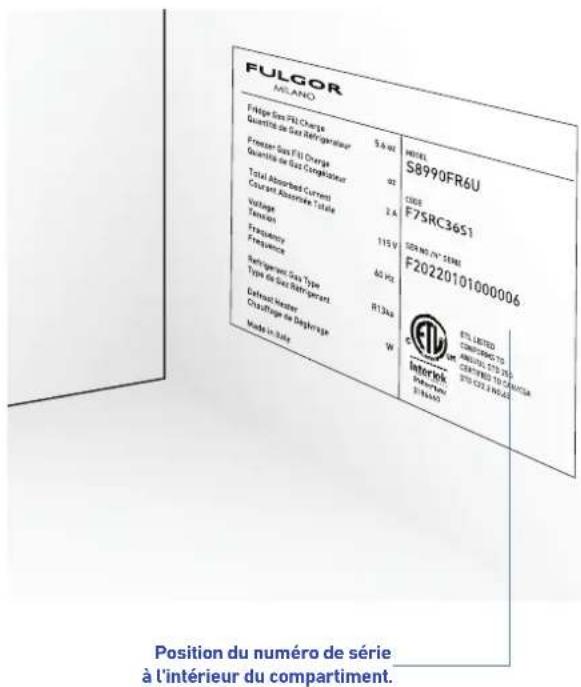 FULGOR MILANO PHI#ge Gas F#L Charge Quantile de Gas Refrigerateur Premier Gas F#L Charge Quantile de Gas Comptificateur Total Absorbed Current Cousant Absorbate Total Vortage Tension Transparency Frequency Refrigerant Gas Type Type de Gas Refrigerant Definoid Heater Chrustige de Dephrage Made in State MODEL S8990FR6U CODE F7SRC3651 ISO NO. 7/7-24NT F20220101000006 STL LISTED CONSERATO 70 CAULING STD 35 CEREMO TO CABBISTA STD CD3 & NO.52 Interok BOMPO Box S B450 Position du numéro de série à l'intérieur du compartiment.