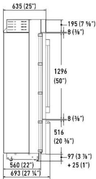 635 (25") 195 (7 5/8") 8 (3/8") 1296 (50") 8 (3/8") 516 (20 3/8") 97 (3 7/8") + 25 (1") 560 (22") 693 (27 1/4")