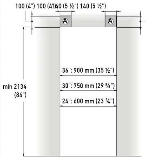 100 (4") 100 (4)40 (5 ½") 140 (5 ½") min 2134 (84") 36": 900 mm (35 ½") 30": 750 mm (29 ¾") 24": 600 mm (23 ¾)