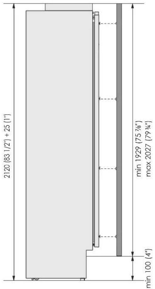 2120 (83 1/2") + 25 (1") min 1929 (75 7/8") max 2027 (79 3/4") min 100 (4)