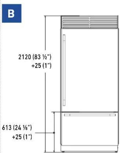 B 2120 (83 ½") +25 (1") 613 (24 ½") +25 (1")