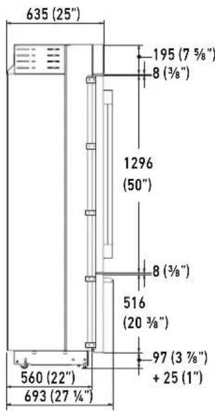 635 (25") 195 (7 5/8") 8 (3/8") 1296 (50") 8 (3/8") 516 (20 3/8") 97 (3 7/8") + 25 (1") 560 (22") 693 (27 1/4")