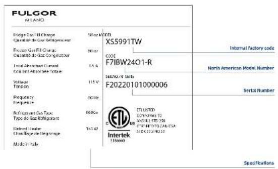 Fulgor Milano F7IBW24O1-R - Model / serial identification - 2