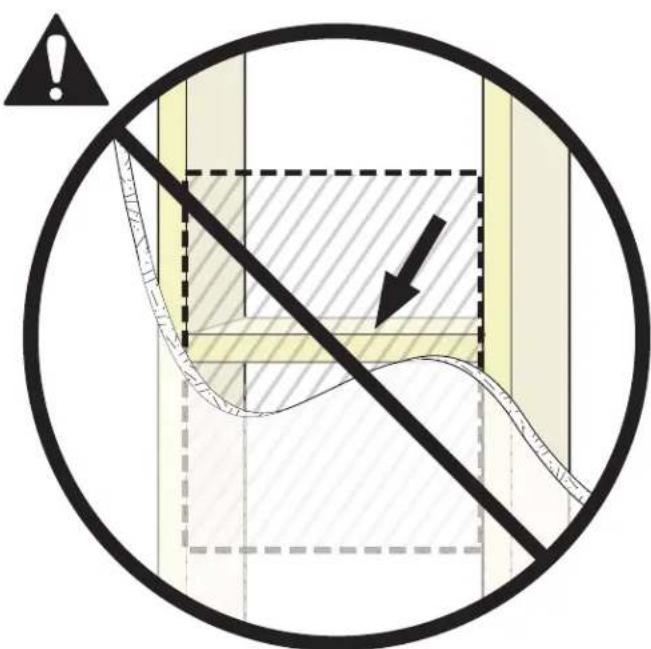 Safety warning symbol showing no protection, with a diagonal line crossing through a shaded area and an arrow indicating direction.