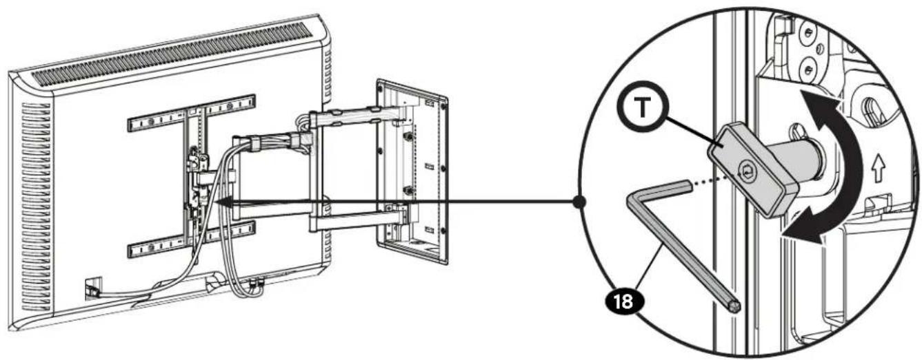 Technical diagram showing cable installation and mechanical assembly with labeled components 18 and T