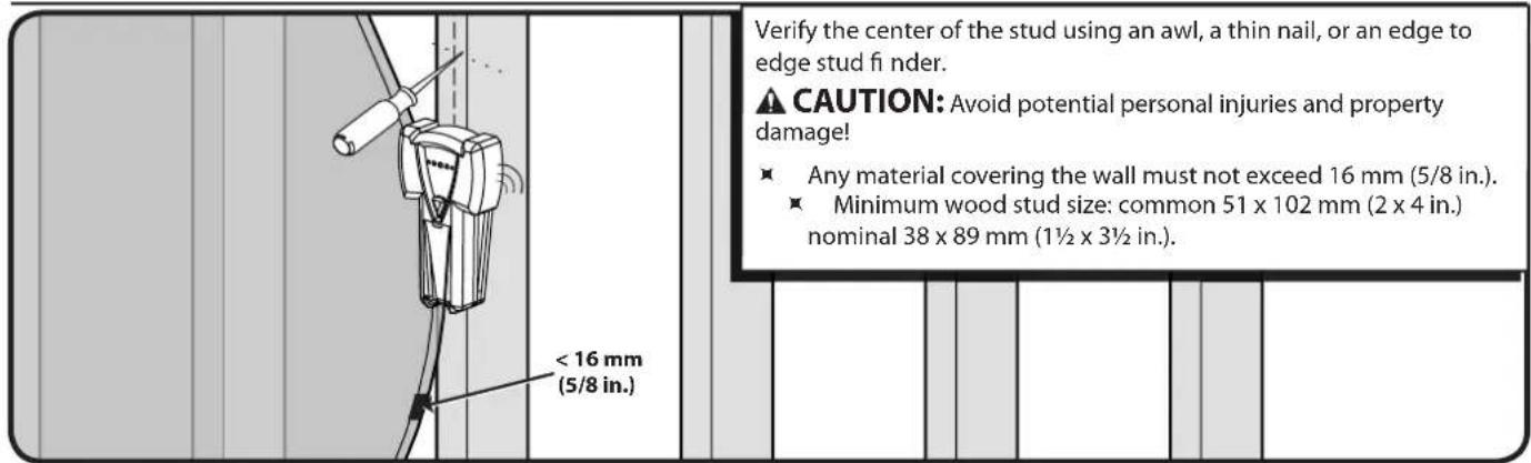 Verify the center of the stud using an awl, a thin nail, or an edge to edge stud fi nder. CAUTION: Avoid potential personal injuries and property damage! Any material covering the wall must not exceed 16 mm (5/8 in.). Minimum wood stud size: common 51 x 102 mm (2 x 4 in.) nominal 38 x 89 mm (1½ x 3½ in.).
