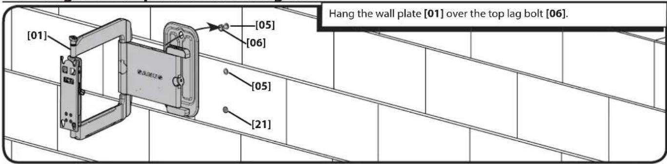 [01] [05] [06] Hang the wall plate [01] over the top lag bolt [06]. [05] [21]