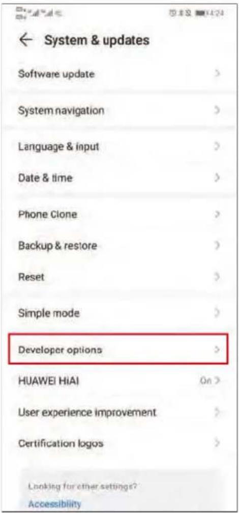 ← System & updates Software update > System navigation > Language & input > Date & time > Phone Clone > Backup & restore > Reset > Simple mode > Developer options > HUAWEI HiAI On > User experience improvement > Certification logos > Looking for other settings? Accessibility