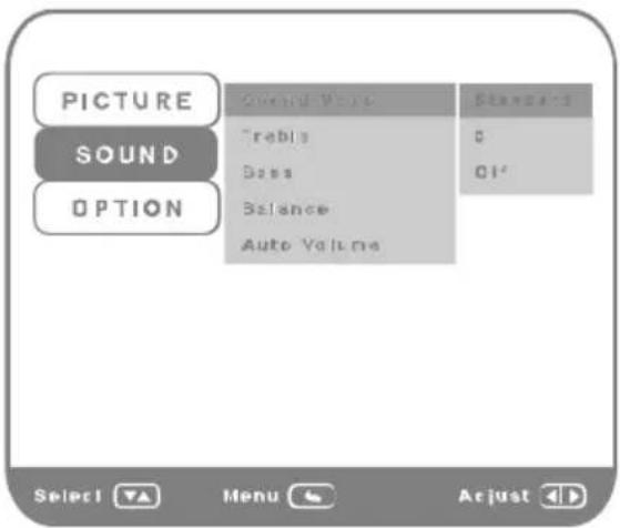 PICTURE SOUND OPTION Ground Value Treble Boss Balance Auto Value Standard 0 01° Select Menu Adjust