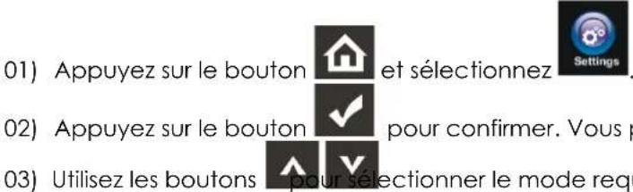 01) Appuyez sur le bouton et sélectionnez. 02) Appuyez sur le bouton pour confirmer. Vous p 03) Utilisez les boutons pour sélectionner le mode requ