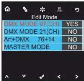 Edit Mode DMX MODE 97(CH) YES DMX MODE 21(CH) NO Art+DMX 76+14 NO MASTER MODE NO