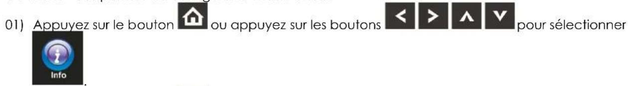 01) Appuyez sur le bouton ou appuyez sur les boutons < > ∧ ∨ pour sélectionner Info