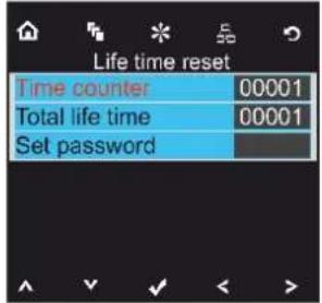 Life time reset Time counter 00001 Total life time 00001 Set password