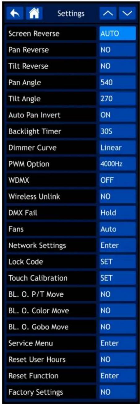 INFINITY S401 - Menu des réglages - 2
