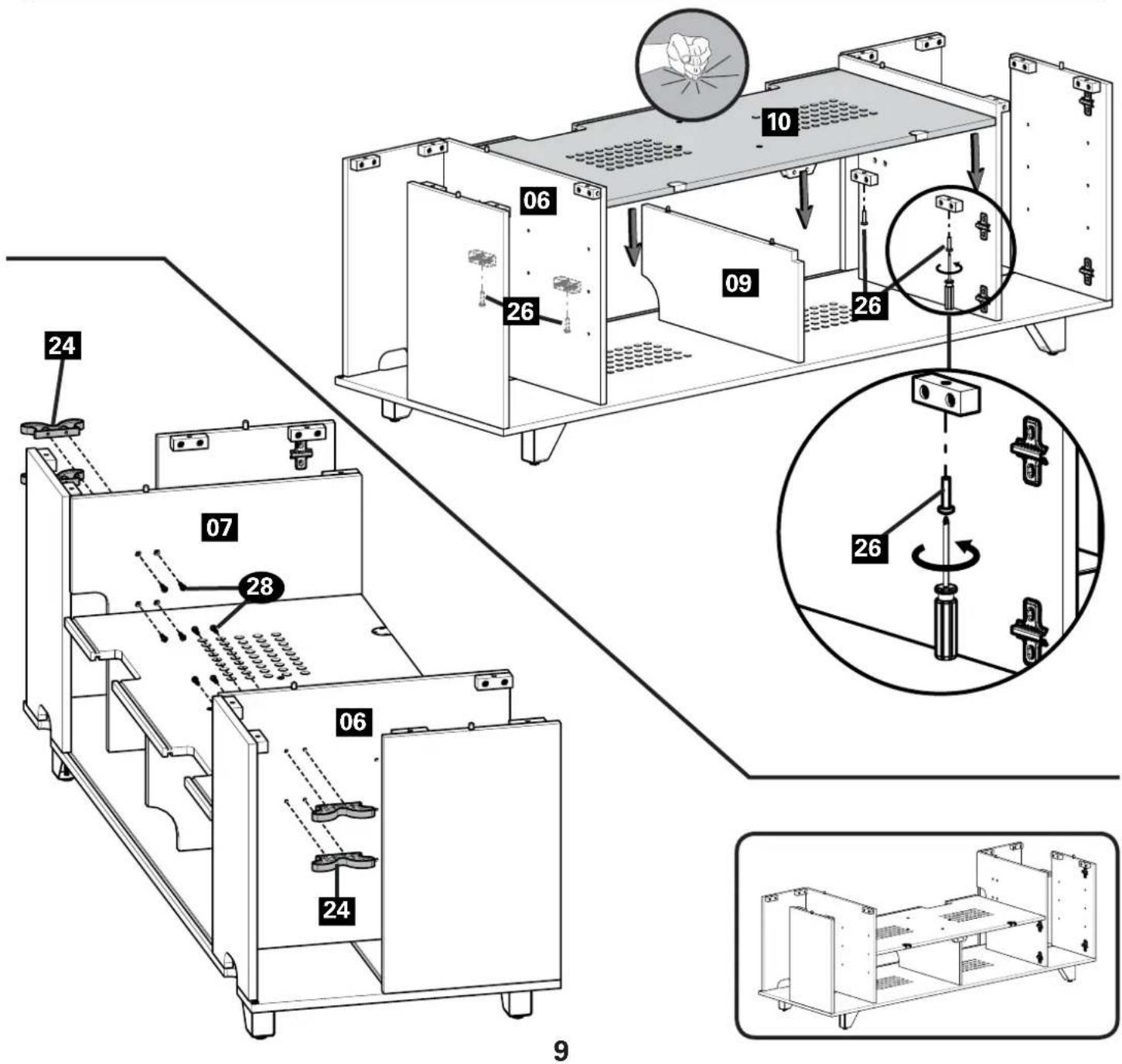 Technical diagram of a device assembly with numbered components and labeled parts, including a magnified inset showing mechanical assembly steps.