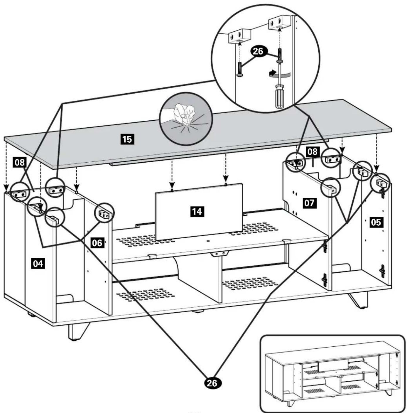 Technical diagram of a multi-level office or lab workstation with numbered components and labeled parts, including zoomed-in insets for mechanical assembly.