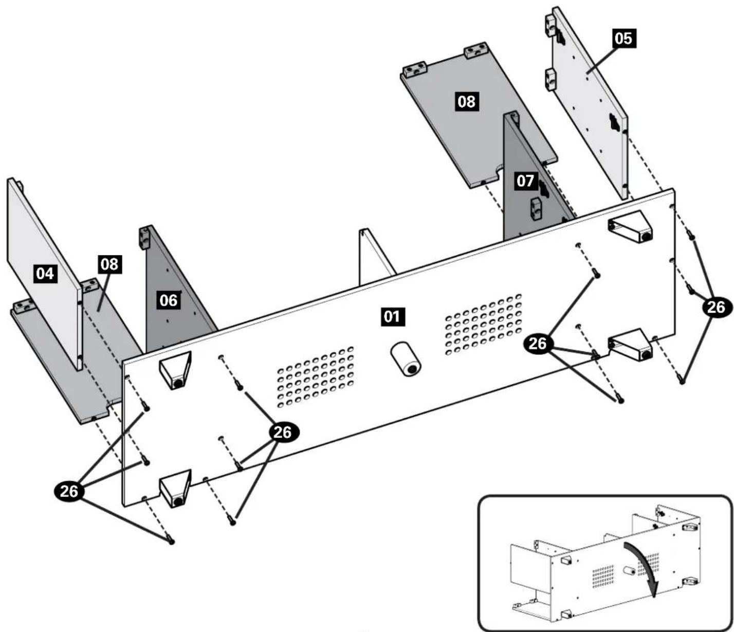 Technical diagram of a device chassis with numbered components and an inset view of the internal structure.