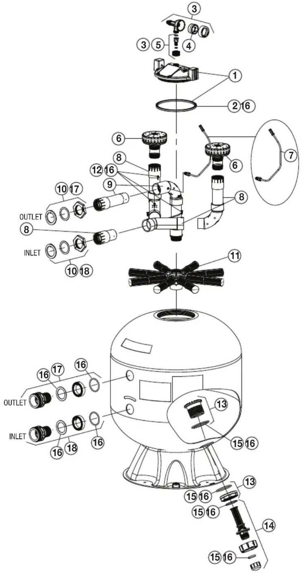 Jandy JS100-SM - Jandy JS100-SM Sand Filter Exploded View - 1