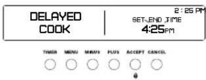 DELAYED COOK 2:25 PM SET-END TIME 4:25PM TIMER MENU MEANS PLUS ACCEPT CANCEL 0