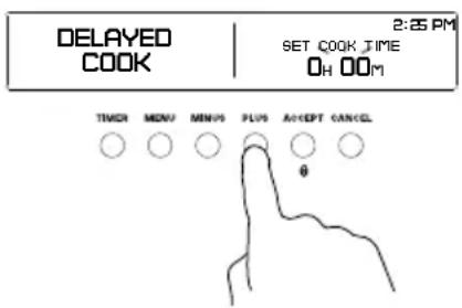 DELAYED COOK 2:25 PM SET COOK TIME 0H 00M TIMER MENU MENOS PLUS ACCEPT CANCEL θ