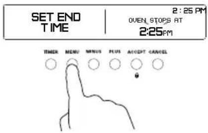SET END TIME 2:25 PM OVEN, STOPS AT 2:25 PM TIMER MENU MINUS PLUS ACCEPT CANCEL