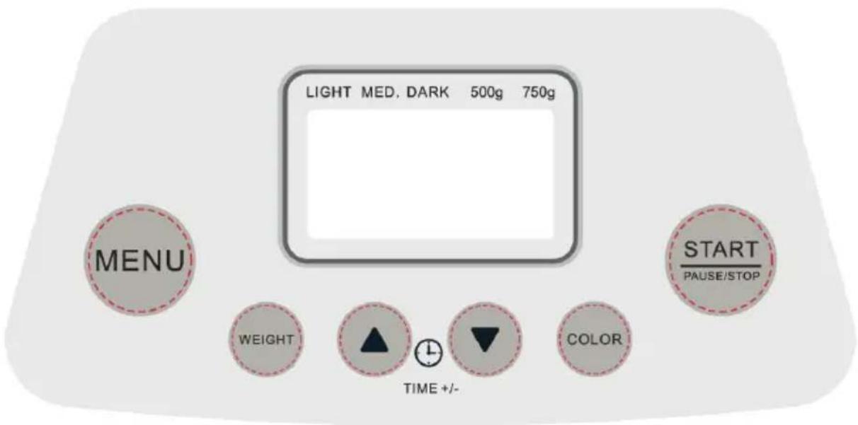 LIGHT MED. DARK 500g 750g MENU START /PAUSE/STOP WEIGHT ▲ ▼ COLOR TIME +/-