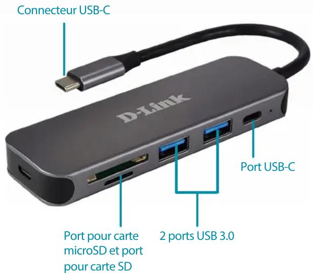 Connecteur USB-C D-Link Port USB-C Port pour carte microSD et port pour carte SD 2 ports USB 3.0