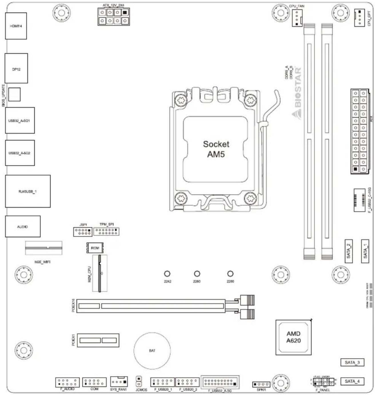 BIOSTAR A620MS - 主板布局图 - 1