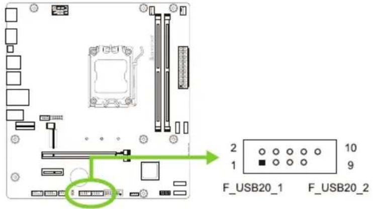 BIOSTAR B650MS2-E - F_USB20_1/F_USB20_2:前置面板USB 2.0接头 - 1