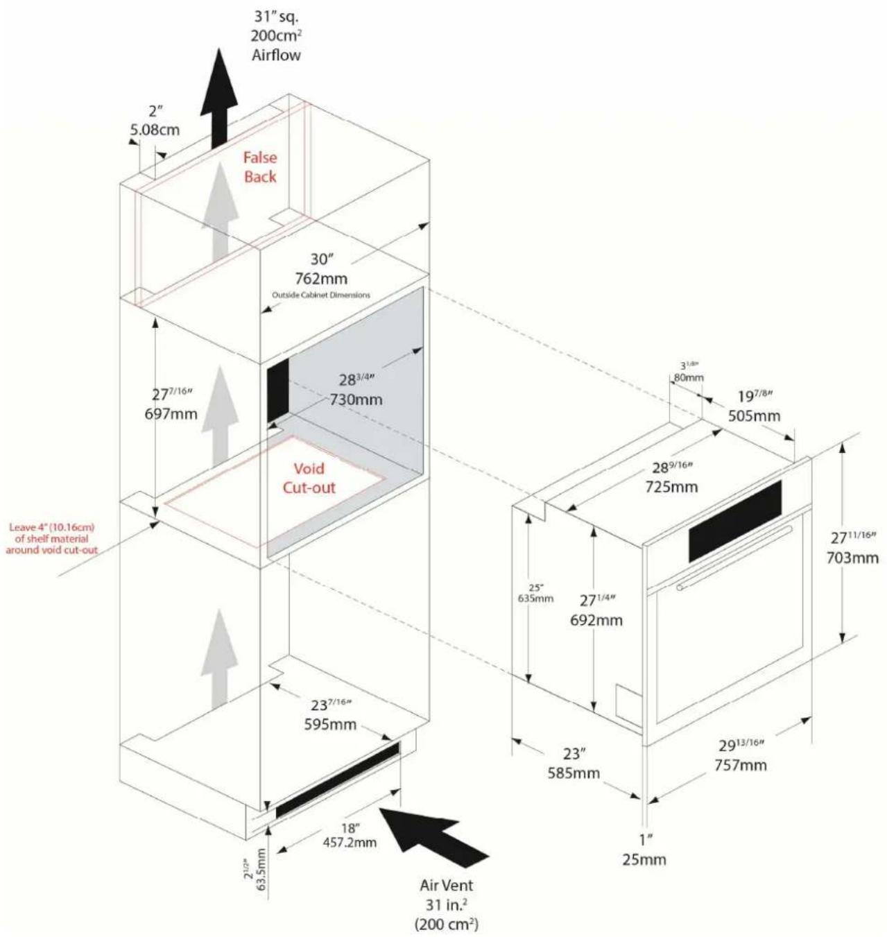 Porter & Charles SOPS76PS - SOPS76PS - Single Oven Measurements (wall mounted installation) - 1