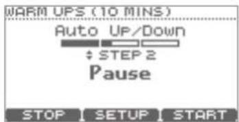 WARM UPS (10 MINS) Auto UP/Down : STEP 2 Pause STOP | SETUP | START