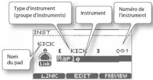 Type d'instrument (groupe d'instruments) Instrument Numéro de l'instrument Nom du pad INST KICK Link KICK Maple LINK EDIT PREVIEW