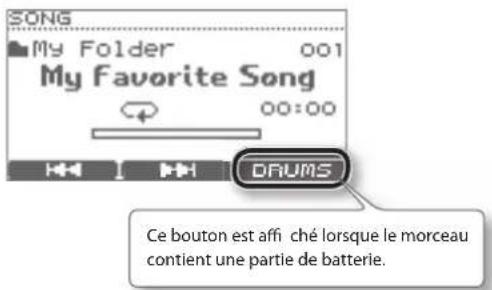 SONG My Folder 001 My Favorite Song 00:00 DRUMS Ce bouton est affi ché lorsque le morceau contient une partie de batterie.