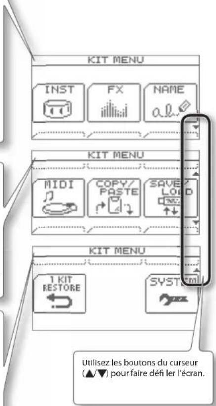 KIT MENU INST FX NAME MIDI COPY/PASTE SAVE LOID KIT MENU 1 KIT RESTORE SYST Utilisez les boutons du curseur (▲▼) pour faire défi ler l'écran.