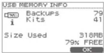 USB MEMORY INFO NO. Backups 79 i Kits 41 Size Used 318MB 79% FREE OK