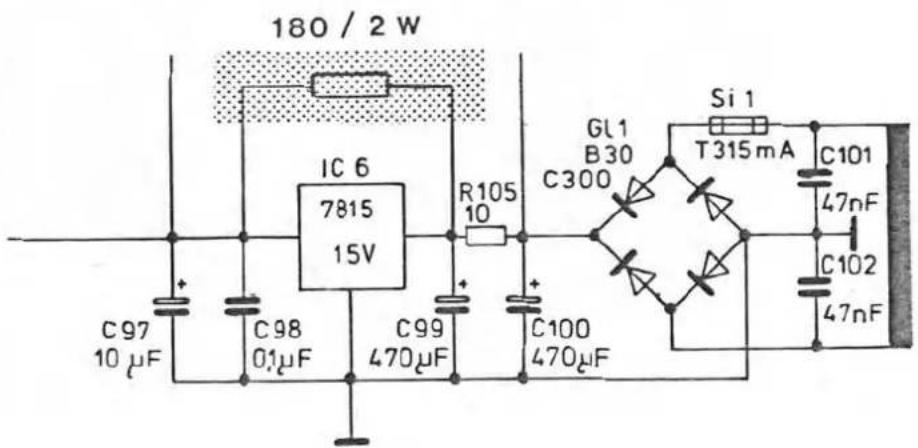 180 / 2 W IC 6 7815 15V C97 10 μF + C98 0.1μF C99 470μF R105 10 + C100 470μF GL1 B30 C300 Si 1 T315 mA C101 47nF C102 47nF