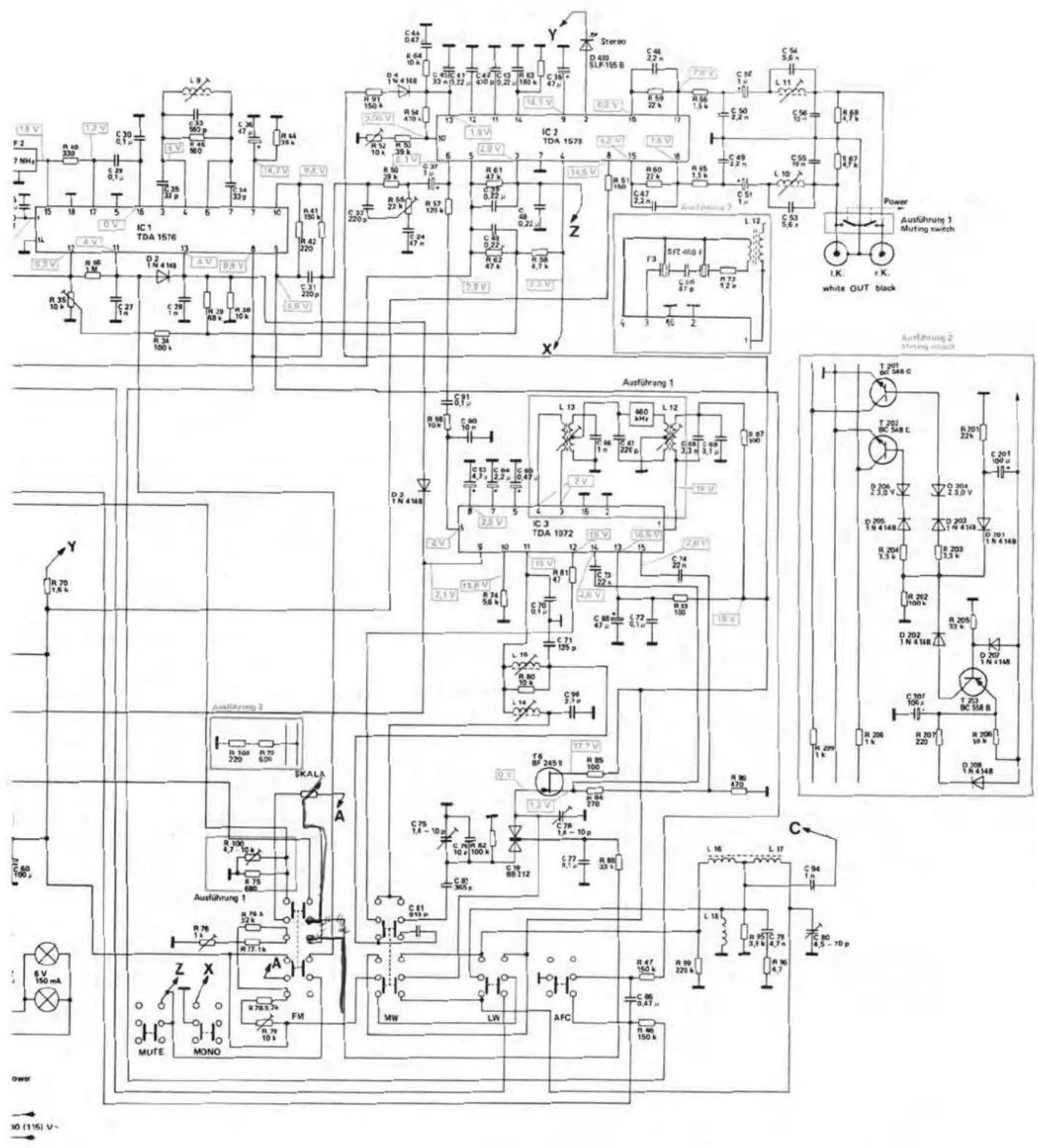 F.2 7 MHz R.10 330 C.30 0.1 μ L.9 V 13 V IC 1 TDA 1576 R.40 330 R.28 10 k R.35 330 p R.45 980 C.34 330 p R.44 39 k R.41 100 k R.42 220 R.39 100 k R.38 100 k IC 2 TDA 1578 R.50 29 k R.57 129 k R.61 47 k R.68 220 p R.72 47 k R.73 47 k R.74 47 k R.75 47 k R.76 47 k R.77 47 k R.78 47 k R.79 47 k R.80 47 k R.81 56 k R.82 56 k R.83 100 C.91 51 μV D.2 1 N 4168 AUXFührung 1 IC 3 TDA 1972 R.81 47 C.71 129 p L.18 R.80 36 k L.14 C.96 2.7 p L.13 L.12 IC 3 TDA 1972 (17.2 V) R.85 100 C.78 1.4 - 10 p C.88 33 k C.77 P. MW LW AFC R.86 432 T.6 BF 245 B R.65 100 C.75 1.4 - 10 p C.80 100 k C.87 360 p C.88 100 k C.96 0.47 μm R.99B 225 k R.96B 150 k R.96B 150 k R.99B 225 k R.99B 225 k R.99B 225 k R.99B 225 k R.99B 225 k R.99B 225 k R.99B 225 k R.99B 225 k R.99B 225 k R.99B 225 K/10kΩ/Hz/Hz/Hz/Hz/Hz/Hz/Hz/Hz/Hz/Hz/Hz/Hz/Hz/Hz/Hz/Hz/Hz/Hz/Hz/Hz/Hz/Hz/Hz/Hz/Hz/Hz/Hz/Hz/Hz/Hz/Hz/Hz/Hz/Hz/Hz/Hz/Hz/Hz/Hz/Hz/Hz/Hz/Hz/Hz/Hz/Hz/Hz/Hz/Hz/Hz/Chromocouple/ Power Ausführung 1 Muting switch I.K. r.K. white OUT black Ausführung 2 Muting switch 6 V 150 mA power x 1 (1/6) V~