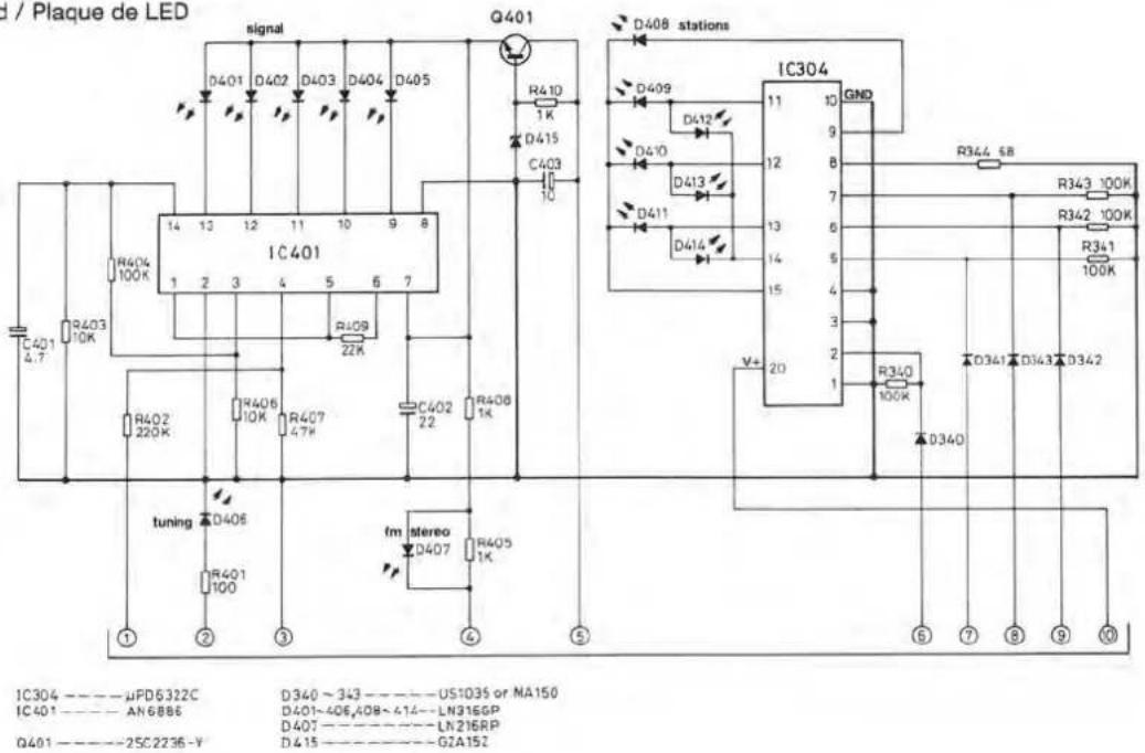 d / Plaque de LED signal Q401 D401 D402 D403 D404 D405 R4010 1K D415 C403 10 IC401 14 13 12 11 10 9 8 1 2 3 4 5 6 7 R403 10K R404 100K R409 22K R402 220K R406 10K R407 47K C402 22 R408 1K IC304 GND D409 D412 D410 D413 D411 D414 11 10 R344 6B R343 100K R342 100K R341 100K V+ 20 R350 100K D340 D341 D343 D342 IC304 --- μPD6322C D340 ~ 343 --- US1035 or MA150 IC401 --- AN6886 D401~406,408~414---LN316GP D401 --- 25C2236-V D407 --- LN216RP D415 --- GZA152