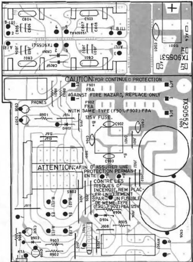 CAUTION: FOR CONTINUED PROTECTION F901 F8A AGAINST FIRE HAZARD, REPLACE ONLY F902 F8A SAME TYPE (F901,F902) F8A 125V FUSE. PHONES R901 R902 R901 J914 J915 D902 J912 J913 ATTENTION: AFIN D'ASSURER UNE PROTECTION PERMANH ENTE CONTRE LES RISQUES D' INCENDIE, REM PLAC- ER UNIQUEMENT SPAR 2 UN FUSIBLE DE MEME TYPE (F901,F902)F8A 125V R904 D904 R905 J908 R906 K1A R903 R902 C804 C803 TX9055541 TX9055531 COO1 A1A AGX TX905531 CX5 CX6 CX7 CX8 CX9 CX10 CX11 CX12 CX13 CX14 CX15 CX16 CX17 CX18 CX19 CX20 CX21 CX22 CX23 CX24 CX25 CX26 CX27 CX28 CX29 CX30 CX31 CX32 CX33 CX34 CX35