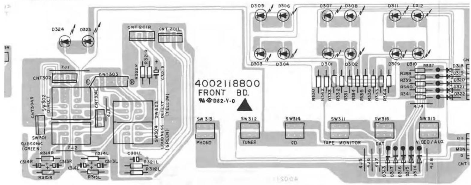 4002118800 FRONT BD. R1 DS2-Y-0 D324 D323 CNT 201R CNT 201L 7J1 CNT302 R322R R321R + - SW302 DIRECT CNT3XL 4J3 SW304 SW303 SUBSONIC (GREEN) TJ2 C3I4R R314R C3I3R R314L C3I3L C3I5L R315L R321L R322L SW313 PHONO SW 312 TUNER SW314 CD SW311 TAPE MONITOR SW316 DAT SW315 VIDEO/AUX 4J5 4J6 4J7 4J8 D305 D306 D307 D308 D311 D312 D303 D304 D301 D302 D309 D310 R337 D318 D319 D320 D321 D322 R550 R442 R333 R332 R331 R331 R34 R35 R345 R344 R340 R341 4J4 D313 D317 D316 D315 D314 RJ+ MON G CNT