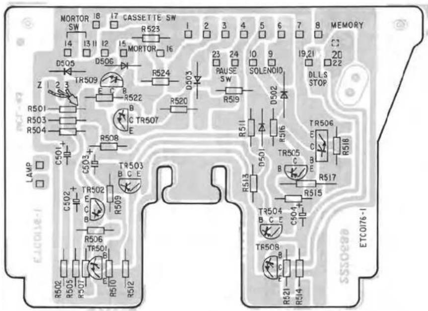 MORTOR 18 I7 CASSETTE SW SW R523 1 2 3 4 5 6 7 8 MEMORY I4 I3 II I2 I5 MORTOR 16 D505 D506 D503 23 24 I0 9 I9,21 C3 Z 2.3 TR509 E C B R522 PAUSE SOLENOID DLLS R501 R503 C TR507 E R520 SW R504 R508 R519 D502 STOP LAMP C501+ C503+ TR503 TR506 TR506 C502+ TR502 B C E E E C B C503 E R509 R513 TR505 B E R517 R506 TR504 C504 TR508 R502 R503 R507 E R510 E R512 R514 R521 R524 ETC0176-1
